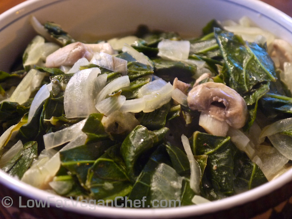 Low Fat Vegan Tangy Collard Greens With Mushrooms, Onions and Coconut Milk
