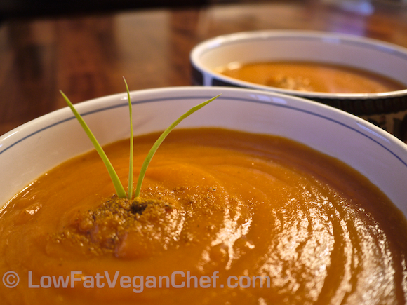 Low Fat Vegan Chef's Oil Free Curried Carrot Leek Soup