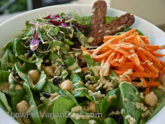 Super Protein Packed Spinach Salad With Quinoa, Chickpeas and Creamy Orange Hemp Seed Dressing