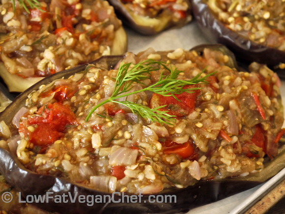 Low Fat Vegan Greek Stuffed Eggplant With Brown Rice