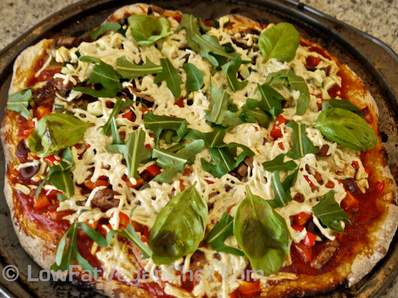 Vegan Mushroom, Olive, Pepper, Arugala and Basil Pizza