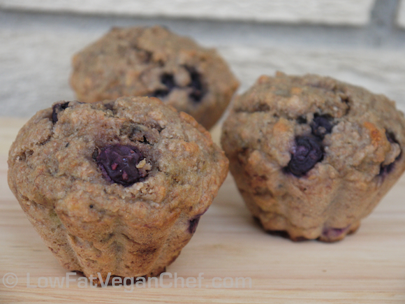 Fat Free Vegan Whole Wheat Banana Blueberry Muffins