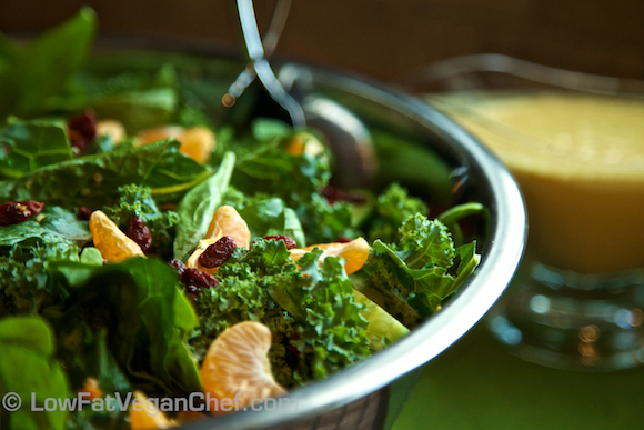 Low Fat Vegan Chef's Kale Mandarin Orange Goji Berry Salad with Citrus Ginger Cashew Dressing