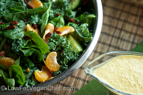 Raw Kale, Mandarin, Goji Salad with Citrus Ginger Cashew Dressing