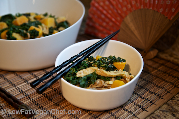 Plant-Based Soy Curls, Squash and Kale Soba Noodles in Peanut Sauce