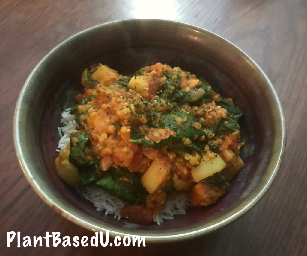 Tarka Dal Remixed with Yams, Potatoes and Spinach (Plant Based and Vegan Red Lentil Curry)